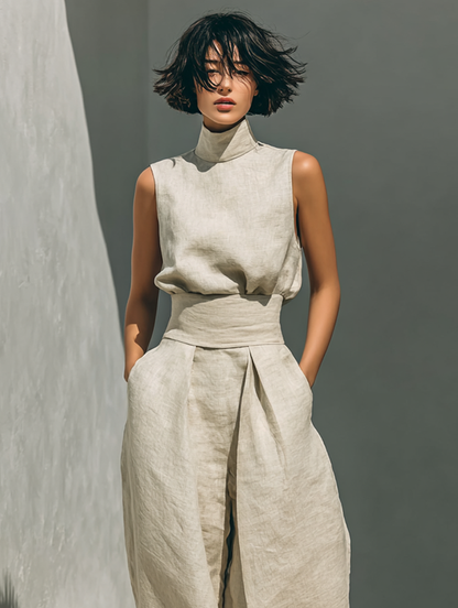 Maria | Conjunto de camiseta y pantalones anchos en algodón y lino minimalista para mujer