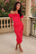 Isabella | Vestido midi con detalle de volantes magenta y escote bardot