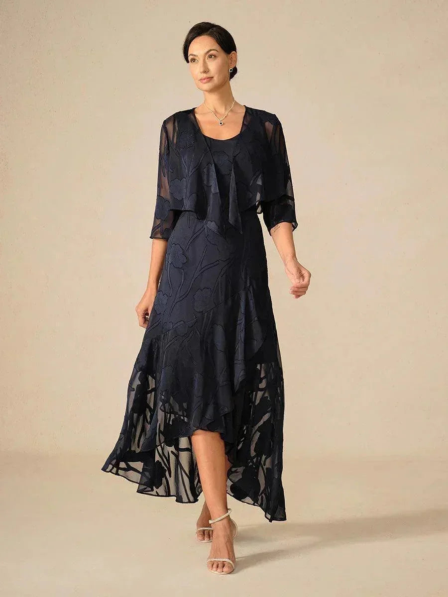 Elena | Vestido de Chifón Floral Asimétrico + Cárdigan
