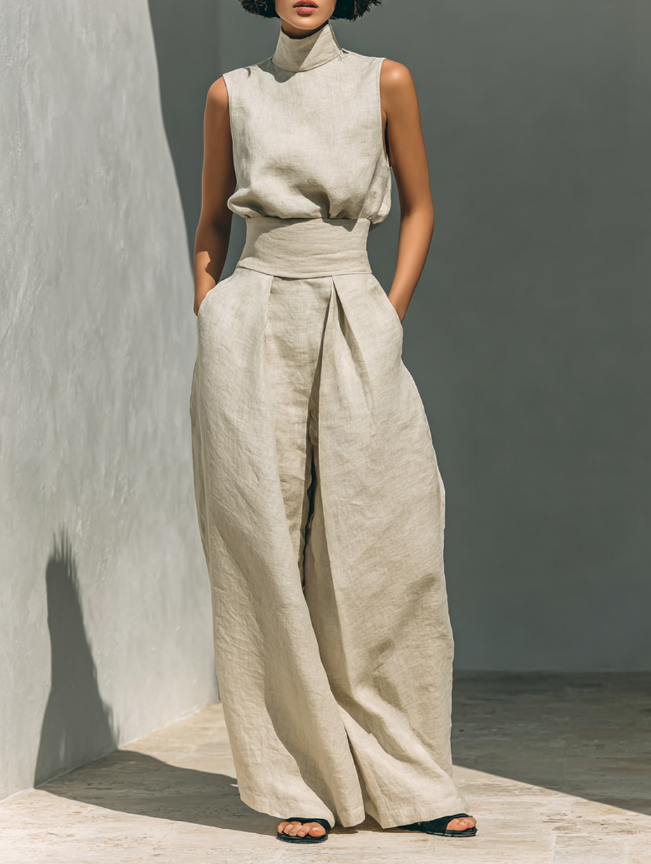 Maria | Conjunto de camiseta y pantalones anchos en algodón y lino minimalista para mujer