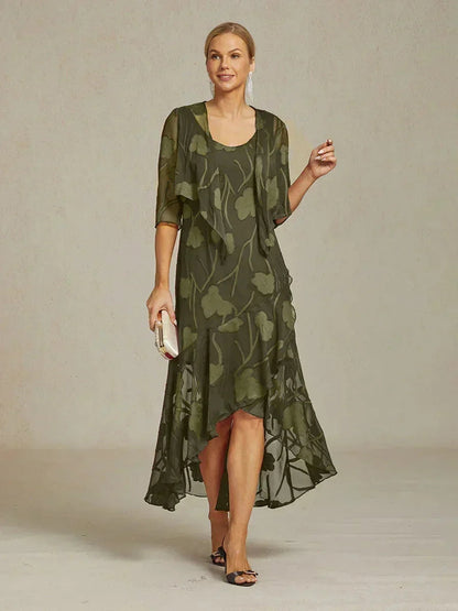 Elena | Vestido de Chifón Floral Asimétrico + Cárdigan