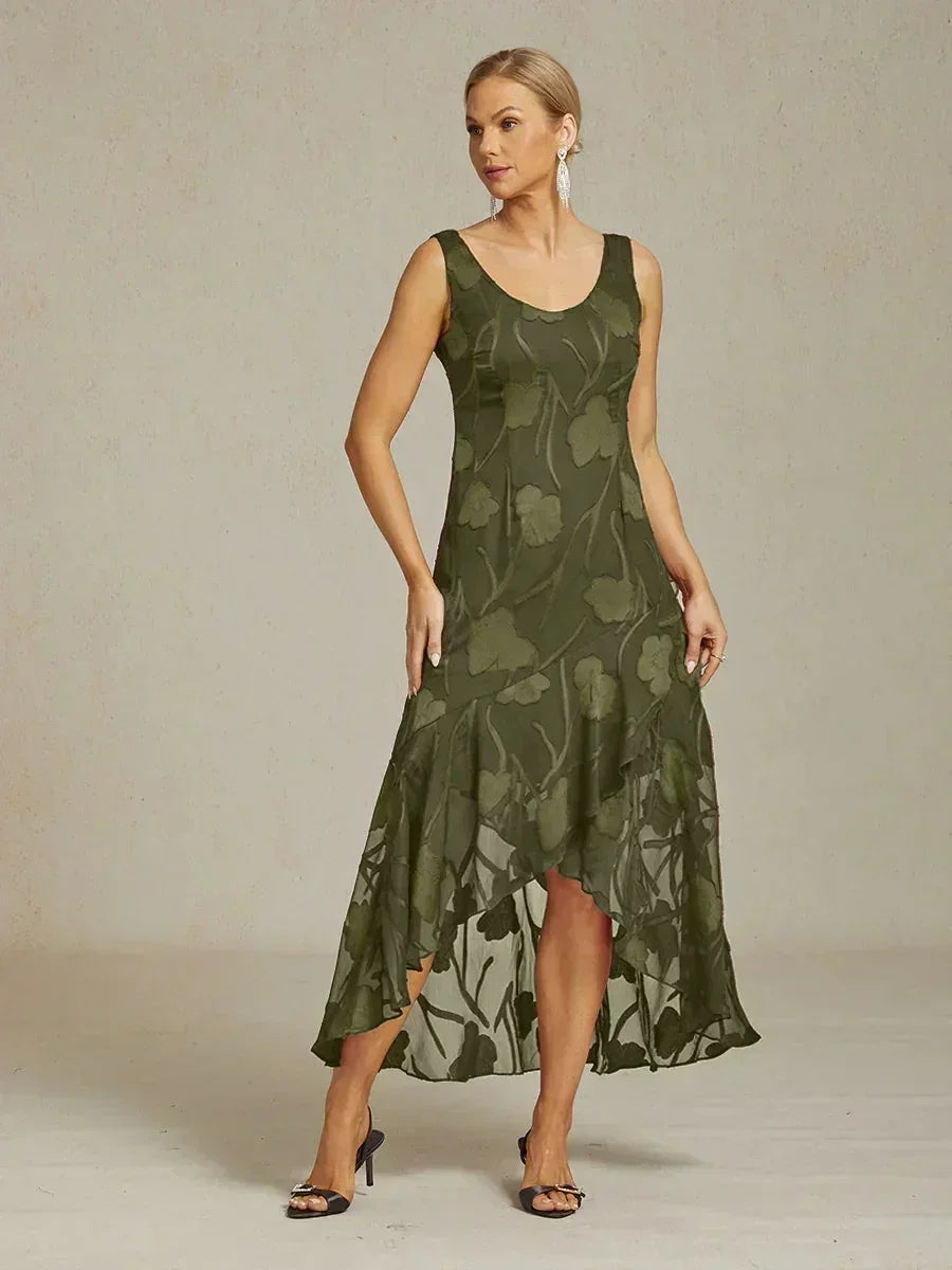 Elena | Vestido de Chifón Floral Asimétrico + Cárdigan