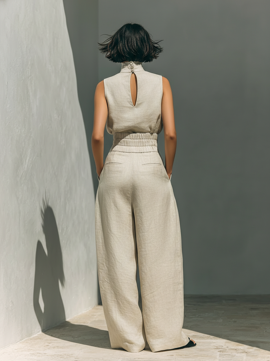 Maria | Conjunto de camiseta y pantalones anchos en algodón y lino minimalista para mujer