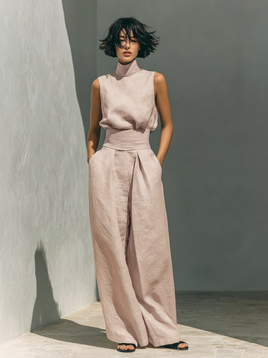 Maria | Conjunto de camiseta y pantalones anchos en algodón y lino minimalista para mujer