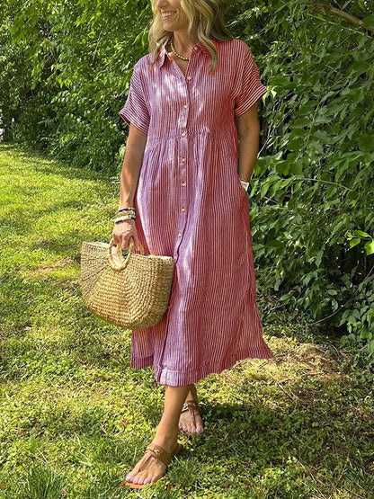 Sara™ – Vestido camisero de rayas con corte relajado y bolsillos laterales