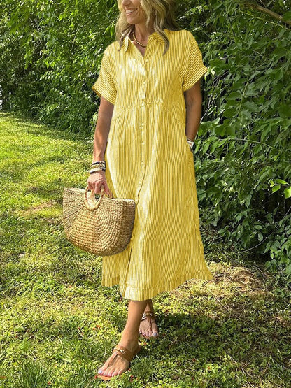 Sara™ – Vestido camisero de rayas con corte relajado y bolsillos laterales