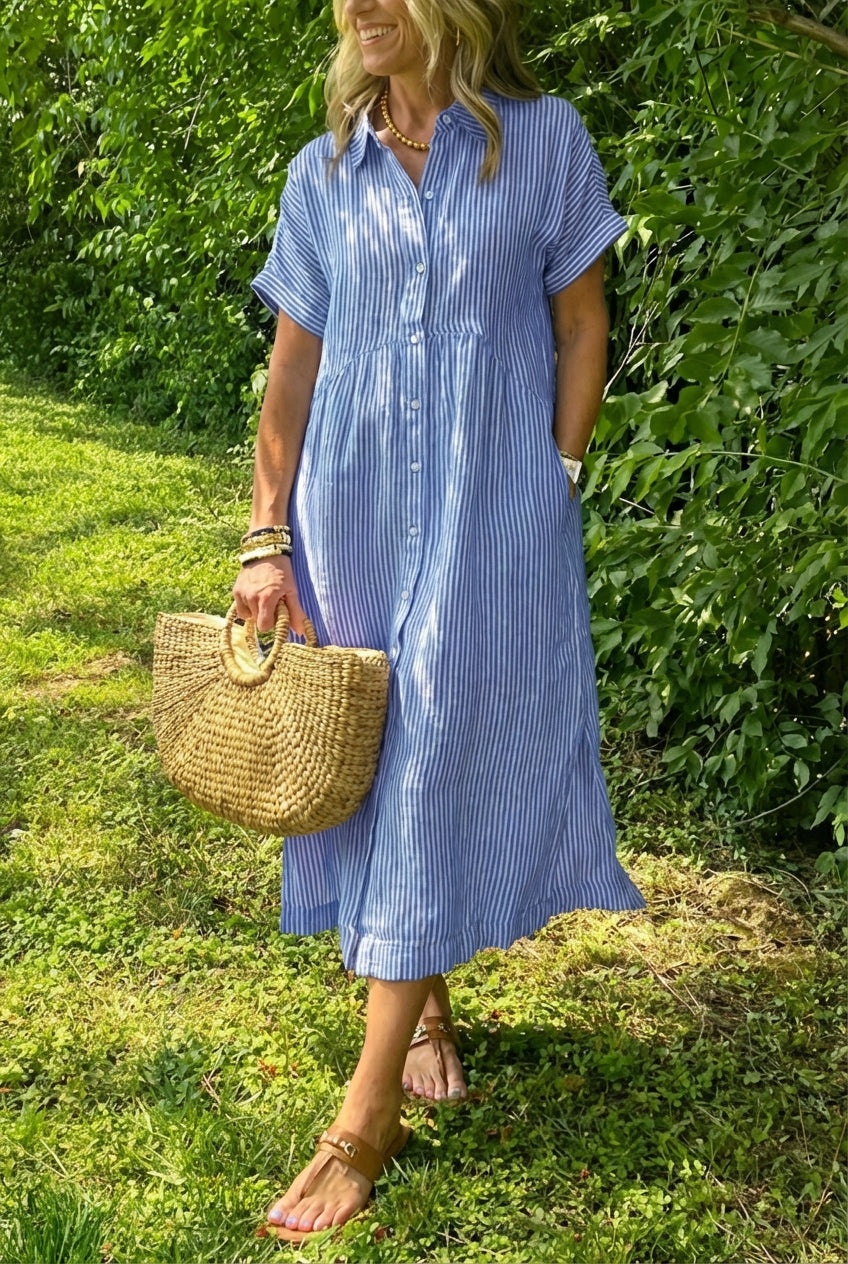 Sara™ – Vestido camisero de rayas con corte relajado y bolsillos laterales